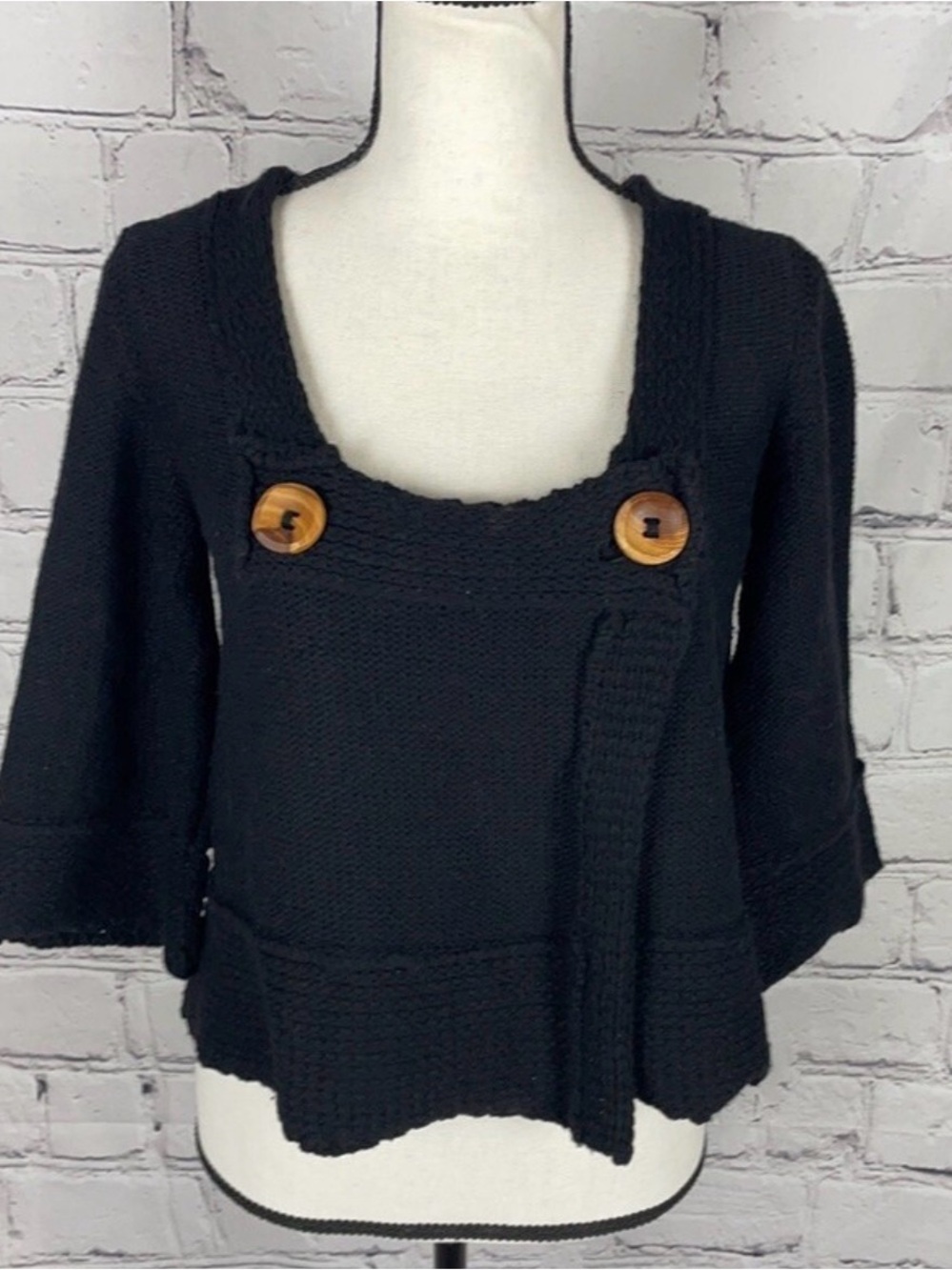 Free People Black Women's Button-Accent Wool Blend Sweater Sz L Women